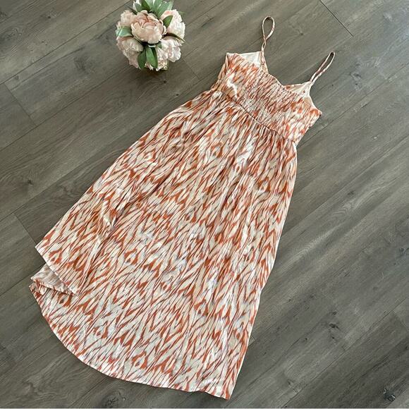 New Nine West Ikat Orange Twist Front High Low Midi Dress - Picture 5 of 7